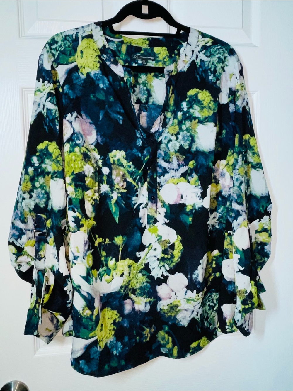 Adrianna Papell Floral V-Neck Blouse in Black, Green and White